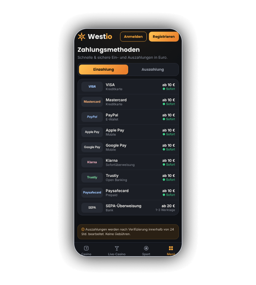 Kasse der Westio App mit der Überschrift Zahlungsmethoden, dem Satz Schnelle und sichere Ein- und Auszahlungen in Euro, den Reitern Einzahlung und Auszahlung und einer Liste von Visa und Mastercard über PayPal, Apple Pay, Google Pay, Klarna, Trustly und Paysafecard bis zur SEPA-Überweisung, darunter der Hinweis zur Bearbeitung von Auszahlungen innerhalb von 24 Stunden